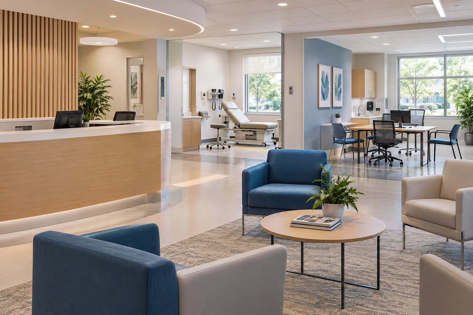 Modern clinic reception and waiting area with healthcare seating and clear circulation