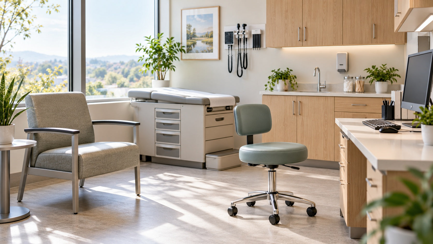 Bright medical exam room with an upholstered patient chair, mobile clinician stool, and clinical workstation