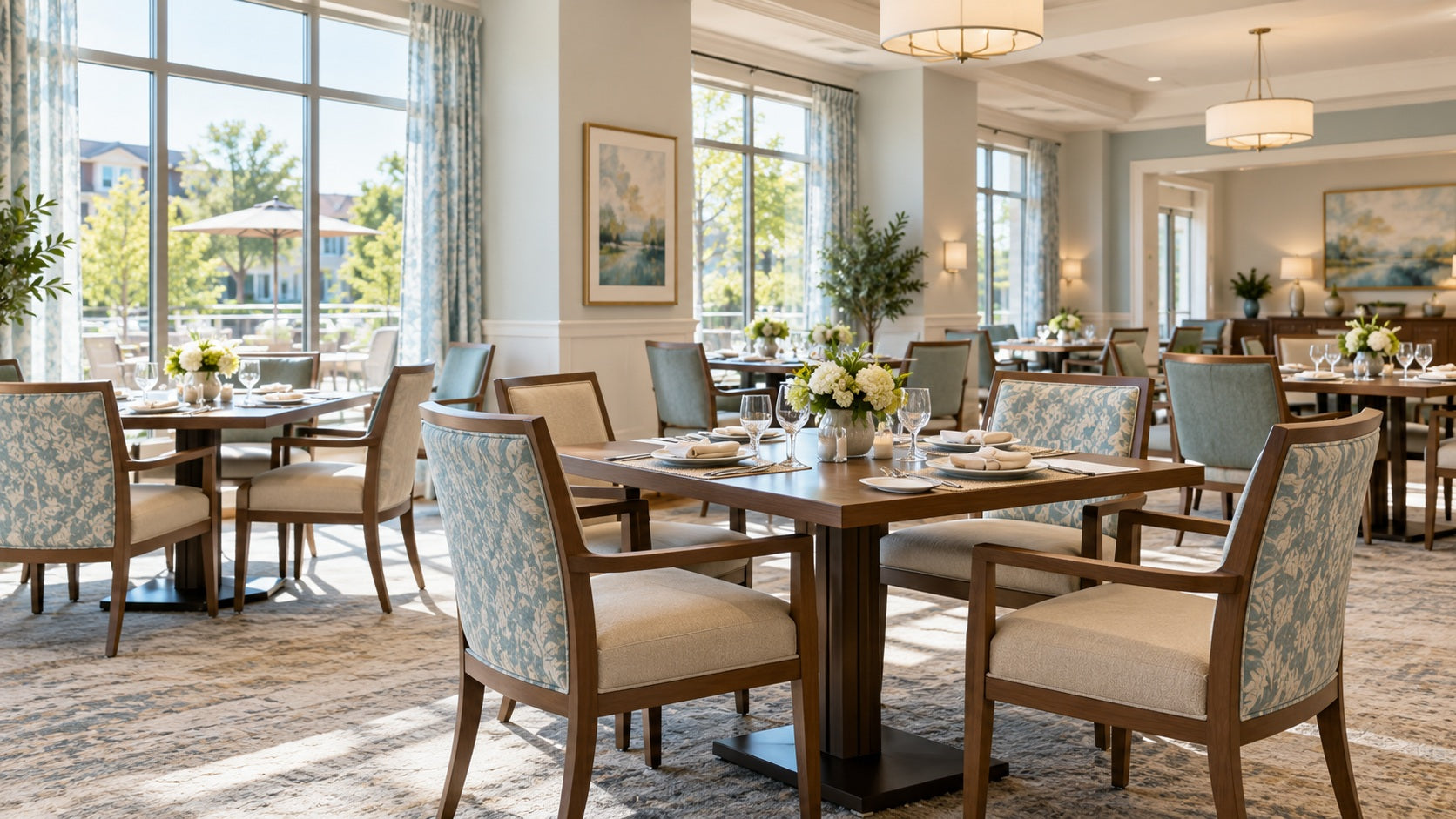Sunlit senior living dining room with upholstered armchairs and dining tables