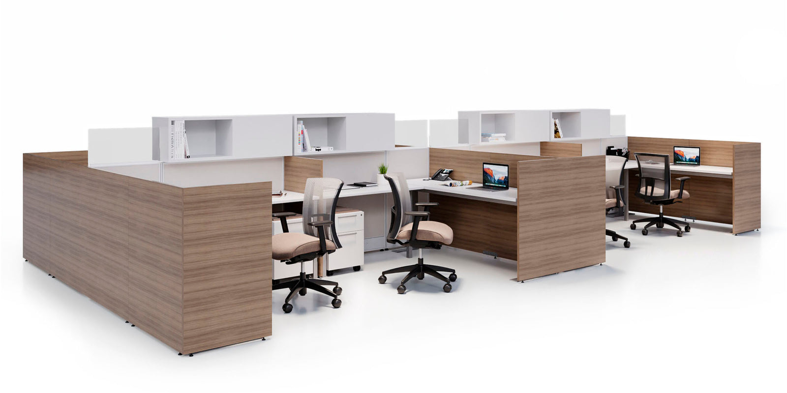 Modern office desk setup with chairs on a white background