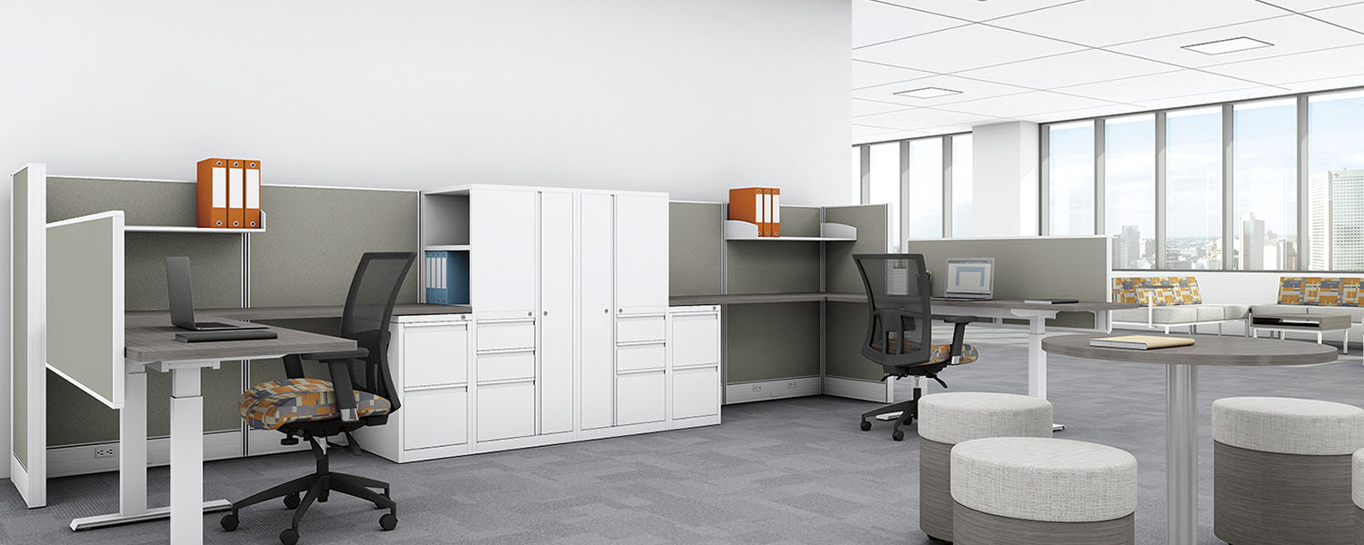 Modern office space with desks, chairs, and office furniture.