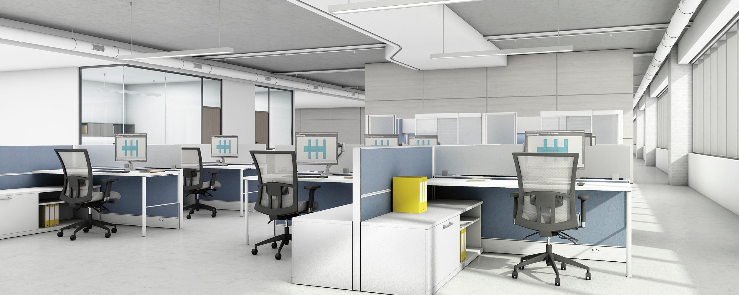 Modern office layout with desks, chairs, and partitions.