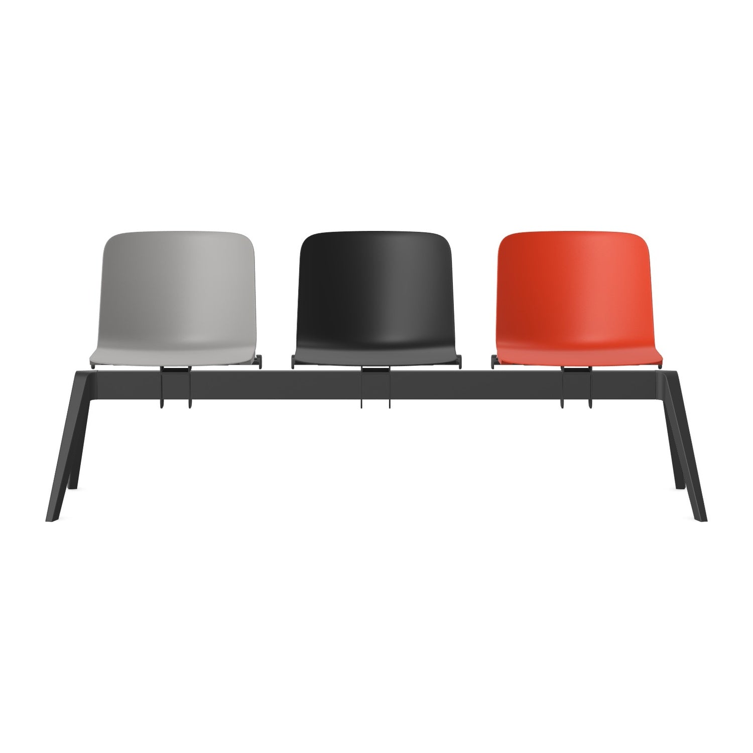 Allora 3-position beam — Allseating chairbuilder render; example shell colours